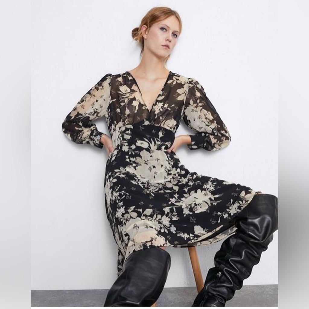Nwt Zara Flora Print Midi Dress